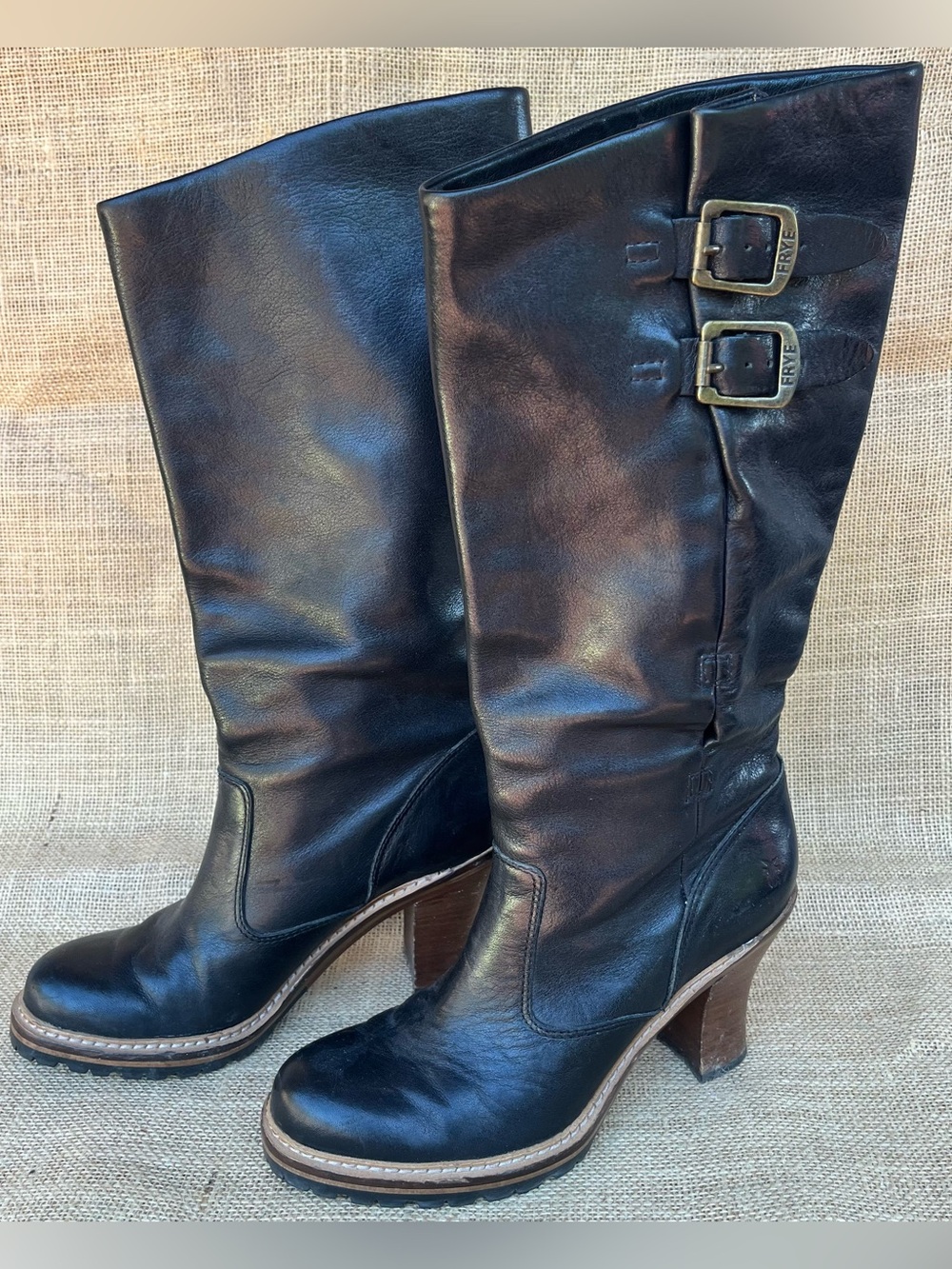 Frye Mildred Engineer Tall Black Boots Leather Buckle Heel Western Women’s 7 M